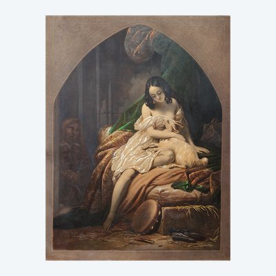 Farbradierung Esmeralda und Quasimodo nach Steuben 19. Jahrhundert Notre-Dame de Paris