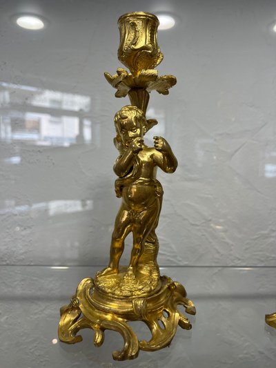 Pair of candlesticks - Fauns - gilt bronze - France - XIXth C