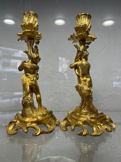 Pair of candlesticks - Fauns - gilt bronze - France - XIXth C