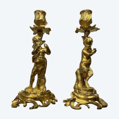 Pair of candlesticks - Fauns - gilt bronze - France - XIXth C