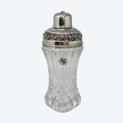 Superbe shaker à cocktail en cristal taillé des années 1960, décoré de coraux rouges. Fabriqué en Italie.