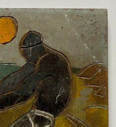 Afrikanischer Fischer zieht sein Kanu an der Spitze, 1930, polychromer Holzschnitt