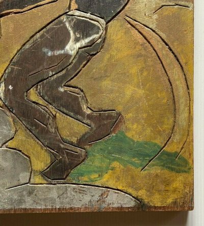 Afrikanischer Fischer zieht sein Kanu an der Spitze, 1930, polychromer Holzschnitt
