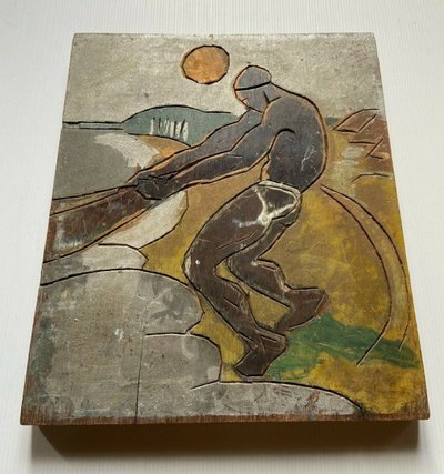 Afrikanischer Fischer zieht sein Kanu an der Spitze, 1930, polychromer Holzschnitt