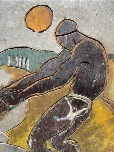 Afrikanischer Fischer zieht sein Kanu an der Spitze, 1930, polychromer Holzschnitt