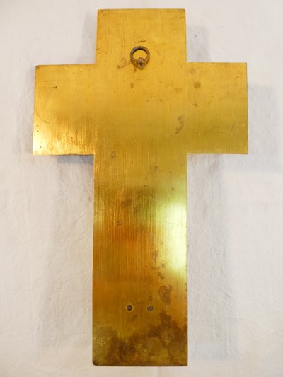 LARGE CRUCIFIX wall-mounted BENITIER in onyx and cloisonné gilt bronze 19th century