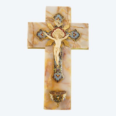 LARGE CRUCIFIX wall-mounted BENITIER in onyx and cloisonné gilt bronze 19th century