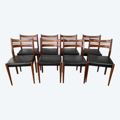 Set of 8 Scandinavian-style chairs in teak and imitation leather from the 50s/60s