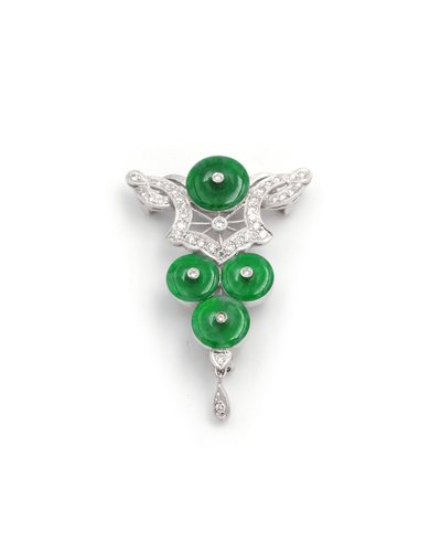 18 Karat Weißgold Jade Diamant Anhänger Brosche, Art Deco Stil, Transformation Schmuck