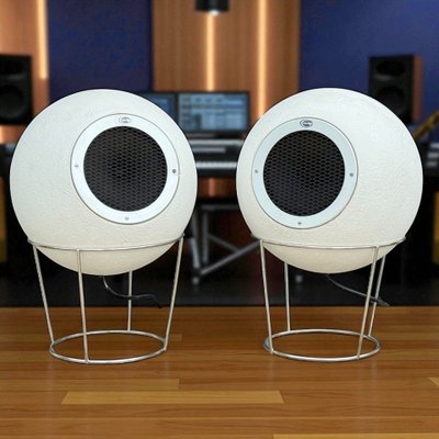 Pair of Elipson AS40 speakers in white staff with metal stand from the 60s