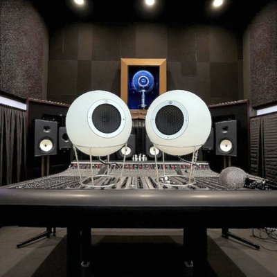 Pair of Elipson AS40 speakers in white staff with metal stand from the 60s