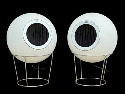Pair of Elipson AS40 speakers in white staff with metal stand from the 60s