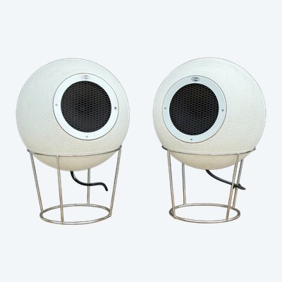 Pair of Elipson AS40 speakers in white staff with metal stand from the 60s