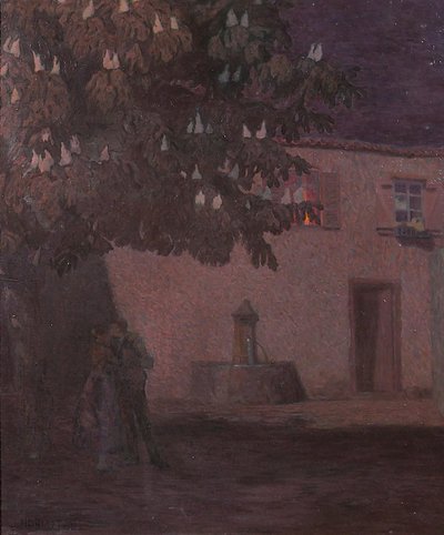 Jacques Hablützel 1868-1939 Le baiser nocturne, tableau, vers 1900, école de Nancy, Lorraine paysage