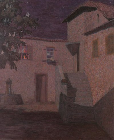 Jacques Hablützel 1868-1939 Le baiser nocturne, tableau, vers 1900, école de Nancy, Lorraine paysage