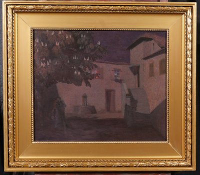 Jacques Hablützel 1868-1939 Le baiser nocturne, tableau, vers 1900, école de Nancy, Lorraine paysage