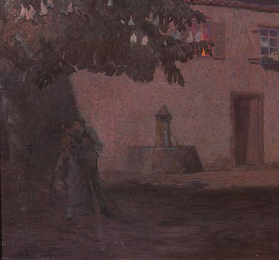 Jacques Hablützel 1868-1939 Le baiser nocturne, tableau, vers 1900, école de Nancy, Lorraine paysage