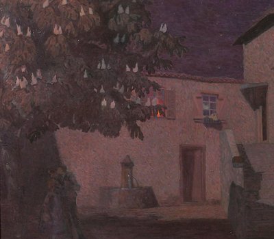 Jacques Hablützel 1868-1939 Le baiser nocturne, tableau, vers 1900, école de Nancy, Lorraine paysage