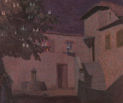 Jacques Hablützel 1868-1939 Le baiser nocturne, tableau, vers 1900, école de Nancy, Lorraine paysage