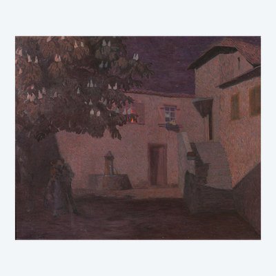Jacques Hablützel 1868-1939 Le baiser nocturne, tableau, vers 1900, école de Nancy, Lorraine paysage