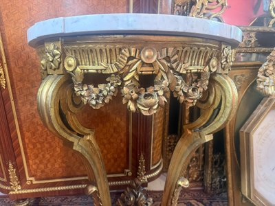 LOUIS XVI STYLE HALF-MOON WALL CONSOLE IN CARVED AND GILT WOOD