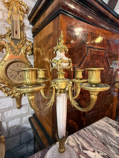 PAIR OF LOUIS XVI STYLE MARBLE AND BRONZE CANDELABRA