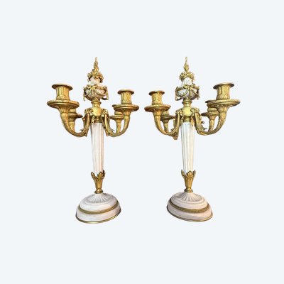 PAIR OF LOUIS XVI STYLE MARBLE AND BRONZE CANDELABRA