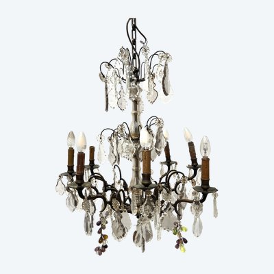 Lampadario in stile Luigi XV con pendenti e frutta in vetro colorato XX secolo
