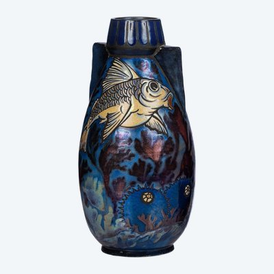 Jean Barol, Vase à la carpe et flore marine, Céramique