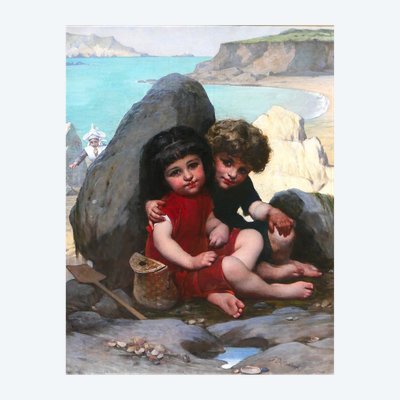 Pierre de Coninck 1828-1910 Bretagne, enfants jouant à cache-cache, grand tableau, Salon 1889