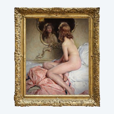 French Oil painting on Canvas, a reclining Nude 19Th