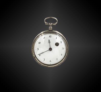 Silberne Taschenuhr mit Vogelhahn, signiert SACRE à PARIS. Frankreich Anfang 19. Jahrhundert