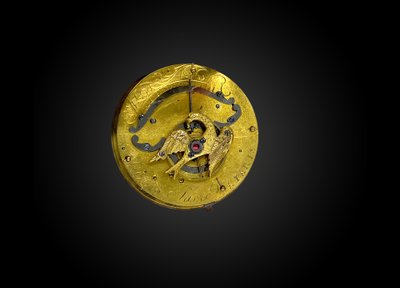 Silberne Taschenuhr mit Vogelhahn, signiert SACRE à PARIS. Frankreich Anfang 19. Jahrhundert