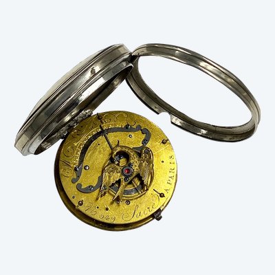 Silberne Taschenuhr mit Vogelhahn, signiert SACRE à PARIS. Frankreich Anfang 19. Jahrhundert