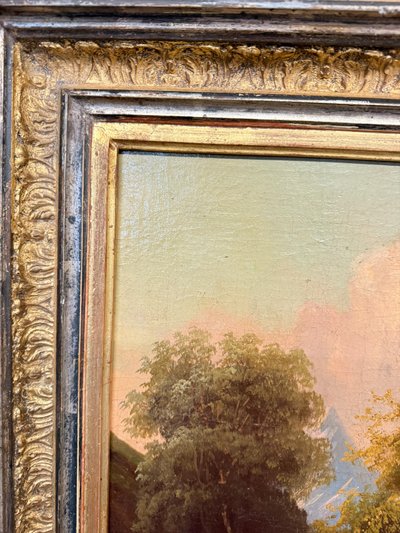 Ancienne peinture à l'huile sur toile de l'école autrichienne du 19ème siècle, 67x78cm, avec paysage et château.