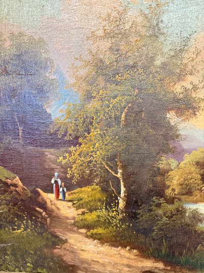 Ancienne peinture à l'huile sur toile de l'école autrichienne du 19ème siècle, 67x78cm, avec paysage et château.