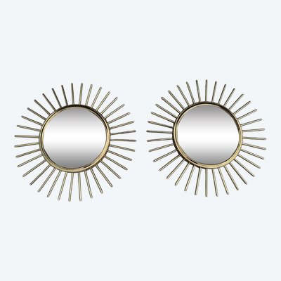 Paire de miroirs soleil / sorcière en laiton et métal doré XXème