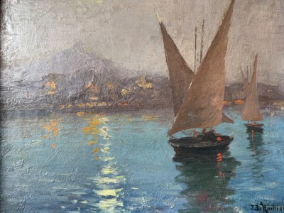 Early 20th century Italian coastal landscape, Antique marine signed
