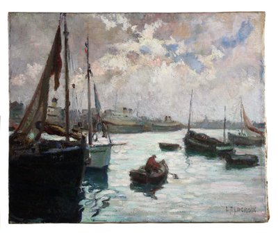 French oil painting on canvas " Vibrant harbor scene in Dieppe "