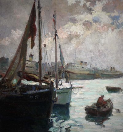 French oil painting on canvas " Vibrant harbor scene in Dieppe "