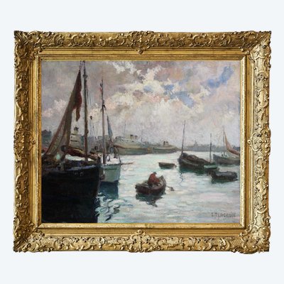 French oil painting on canvas " Vibrant harbor scene in Dieppe "