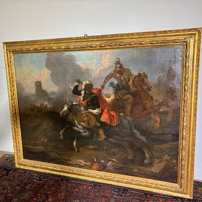 Huile sur toile de Jacques Courtois, « Bourguignonne », Combat d'un chevalier et d'un tambour. XVIIe