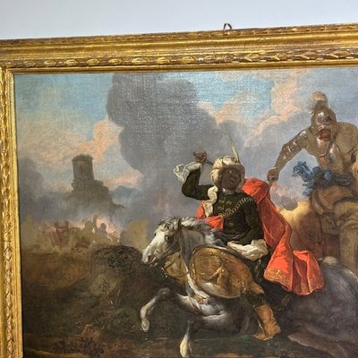 Huile sur toile de Jacques Courtois, « Bourguignonne », Combat d'un chevalier et d'un tambour. XVIIe
