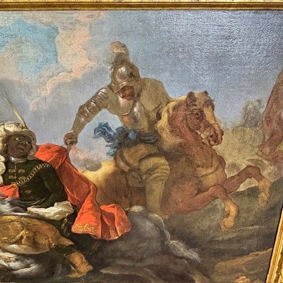 Huile sur toile de Jacques Courtois, « Bourguignonne », Combat d'un chevalier et d'un tambour. XVIIe