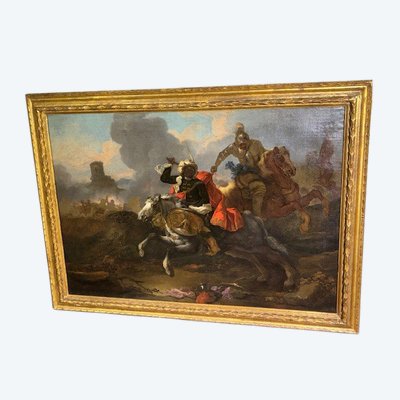 Huile sur toile de Jacques Courtois, « Bourguignonne », Combat d'un chevalier et d'un tambour. XVIIe