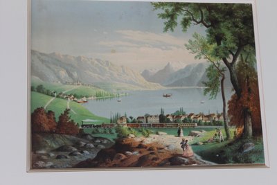 Paire de gravures gouachées vues de Suisse : Genève et Vevey époque 19ème encadrées 