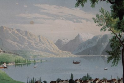 Paire de gravures gouachées vues de Suisse : Genève et Vevey époque 19ème encadrées 