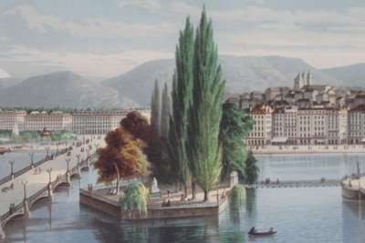 Paire de gravures gouachées vues de Suisse : Genève et Vevey époque 19ème encadrées 
