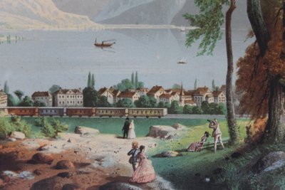 Paire de gravures gouachées vues de Suisse : Genève et Vevey époque 19ème encadrées 