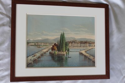 Paire de gravures gouachées vues de Suisse : Genève et Vevey époque 19ème encadrées 